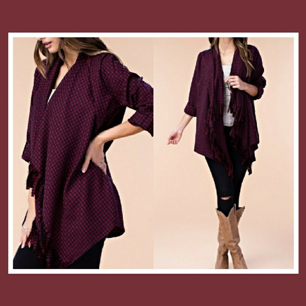 ❤ Red wine/navy draped fringe cardigan..